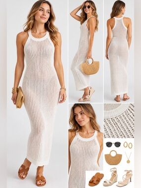 Quince White Crochet Knit Halter Maxi Dress Size M Beach Resortwear